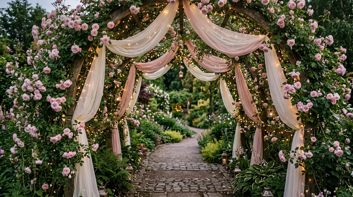 A lush coquette garden composition with roses and hydrangeas, no people