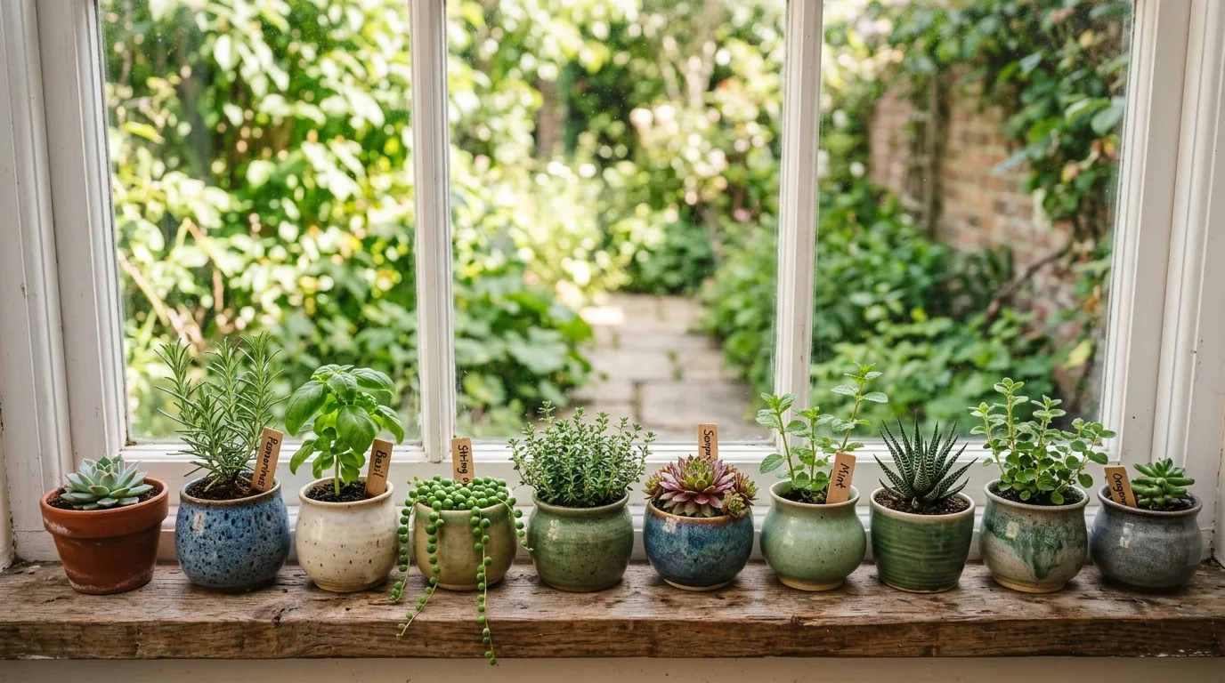 Adorable small terracotta flower pots with herbs on a sunny windowsill, no people