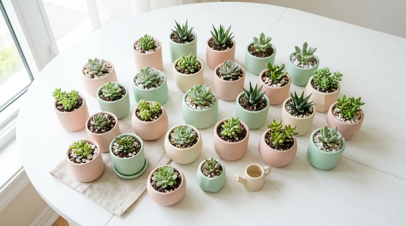 Small white ceramic flower pots with herbs arranged neatly indoors, no people