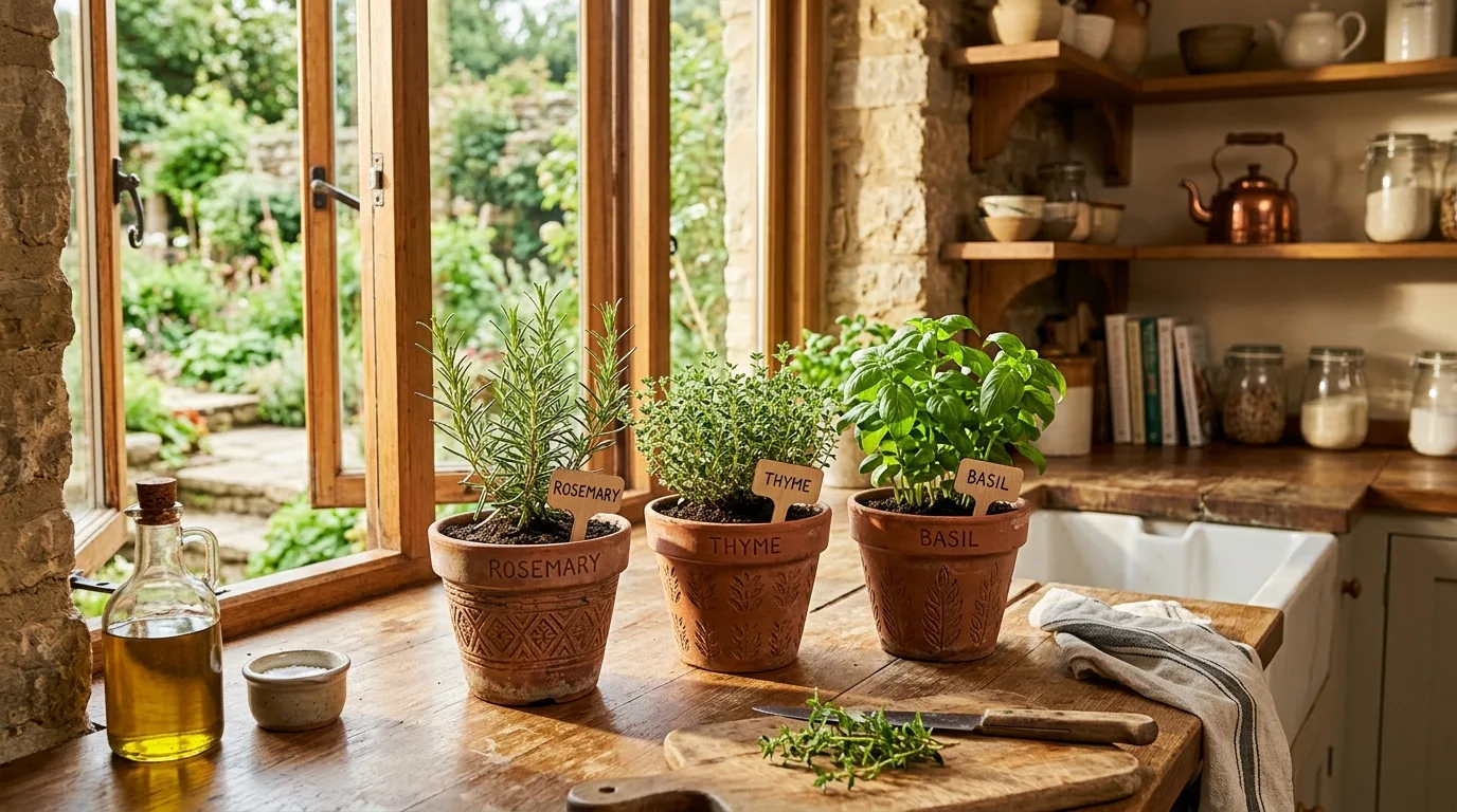 A narrow shelf with a mixed cluster of small succulent flower pots, no people