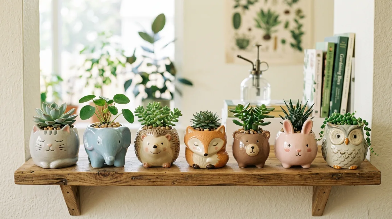 Petite painted flower pots brightening a breakfast nook with herbs, no people