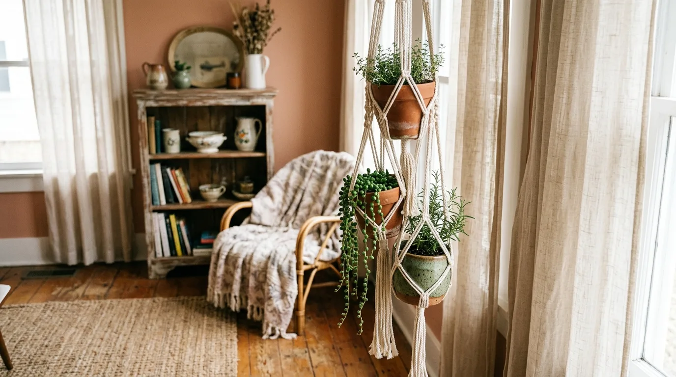 Little clay flower pots layered on a narrow plant stand, no people