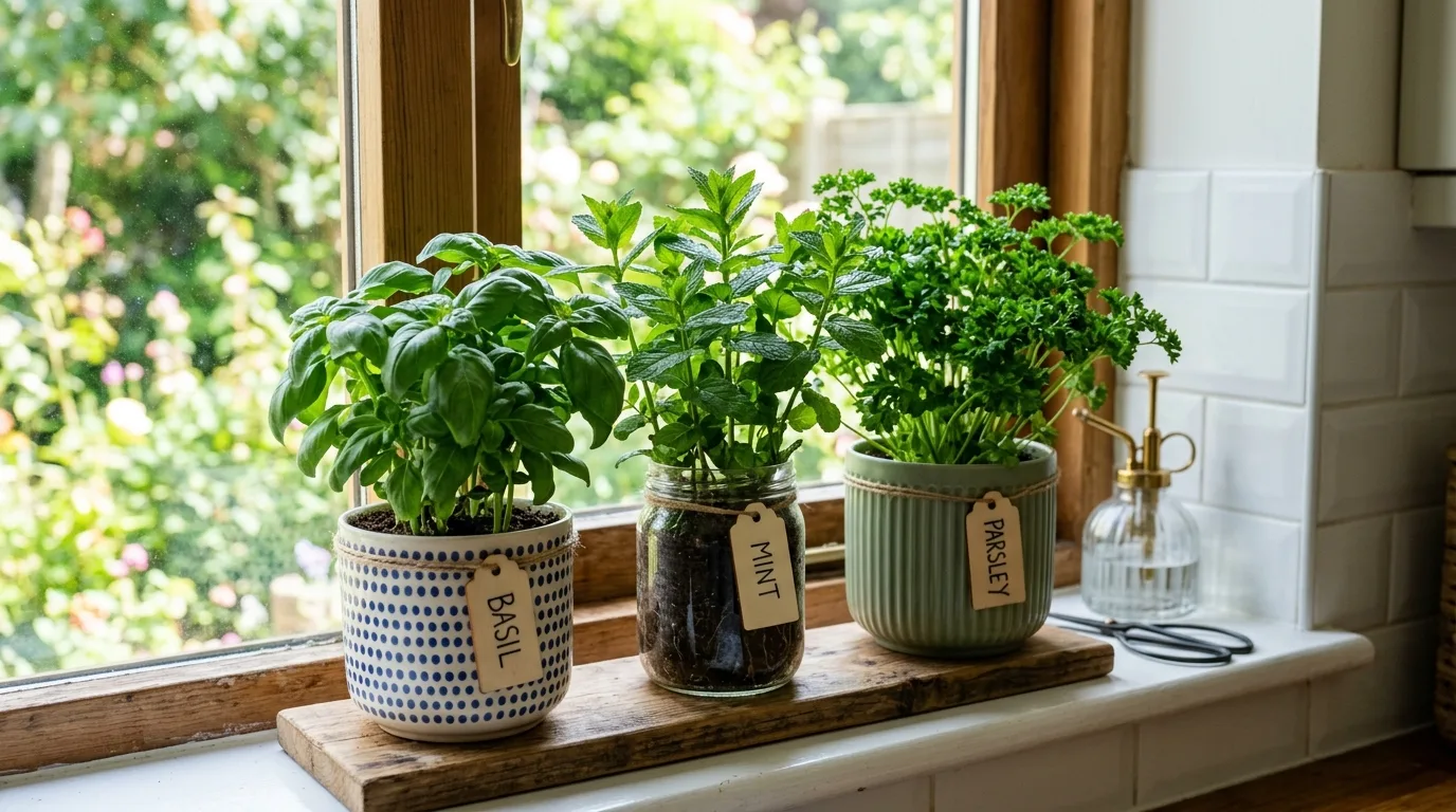 A windowsill setup of small flower pots with mint and basil, no people