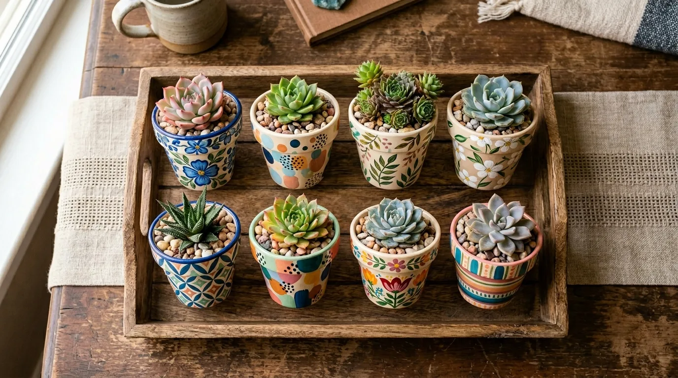 Mini succulent flower pots styled neatly in a home office, no people