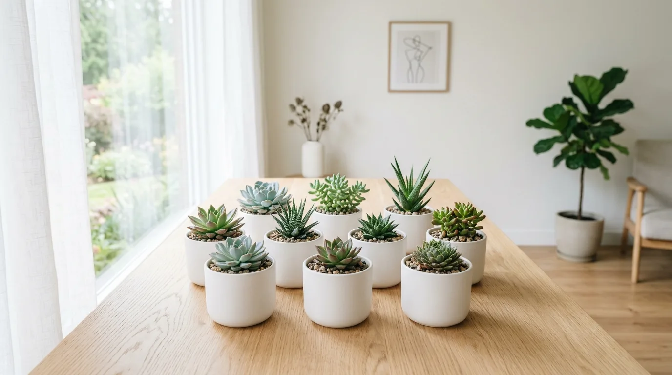 A shallow shelf garden with matching small flower pots, no people