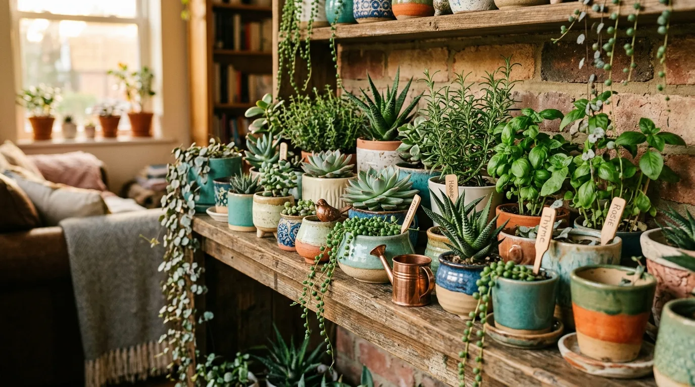 A rustic crate filled with petite small flower pots and greenery, no people