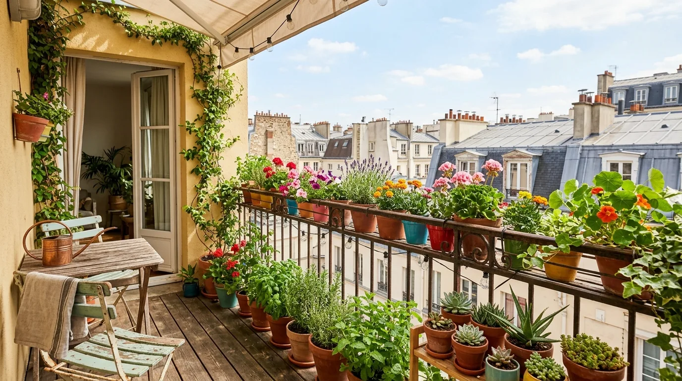 A bedside group of adorable small flower pots with soft greenery, no people