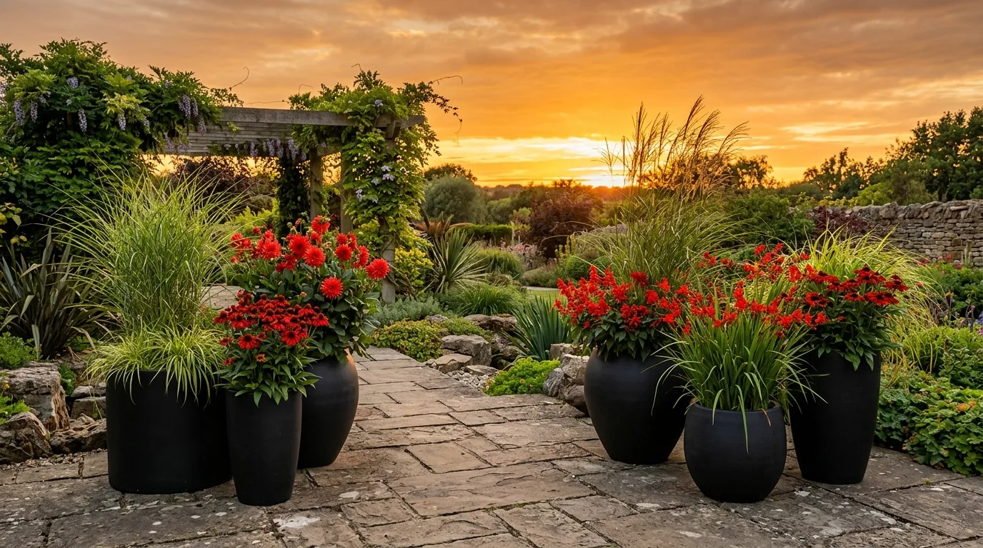Statement big flower pots framing a front door with lush planting, no people