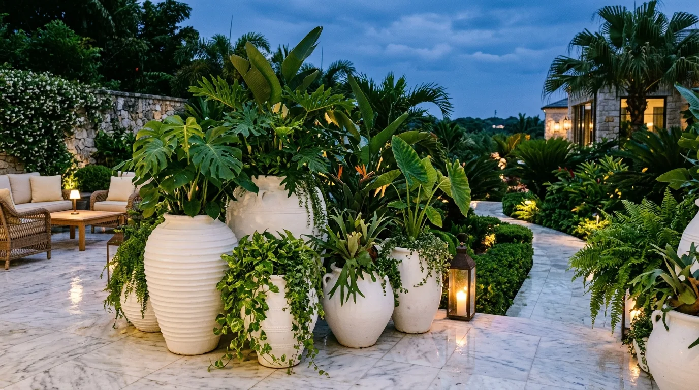 A dramatic urn style big flower pot anchoring a formal garden, no people