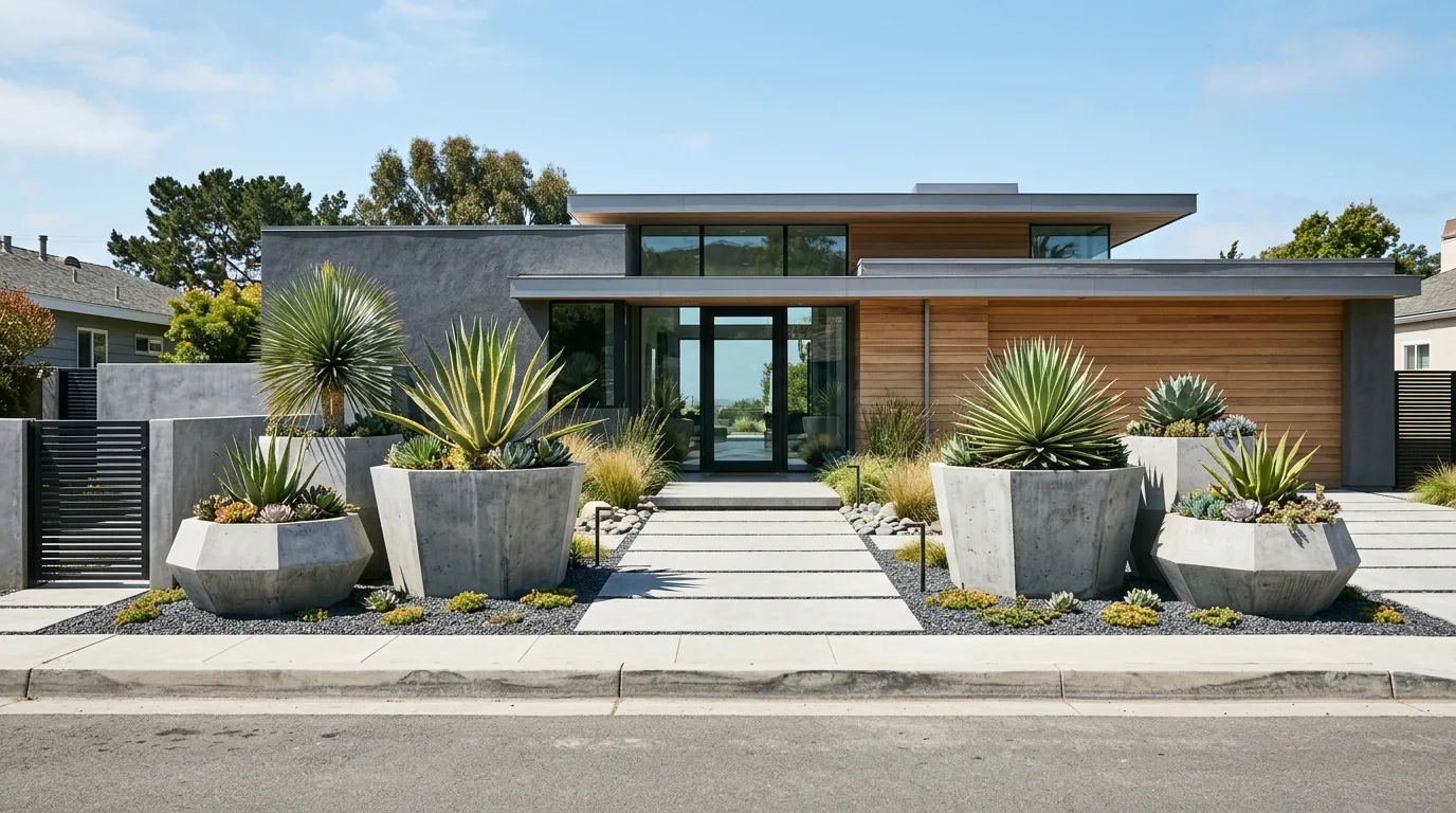 A modern concrete big flower pot with sculptural grasses, no people