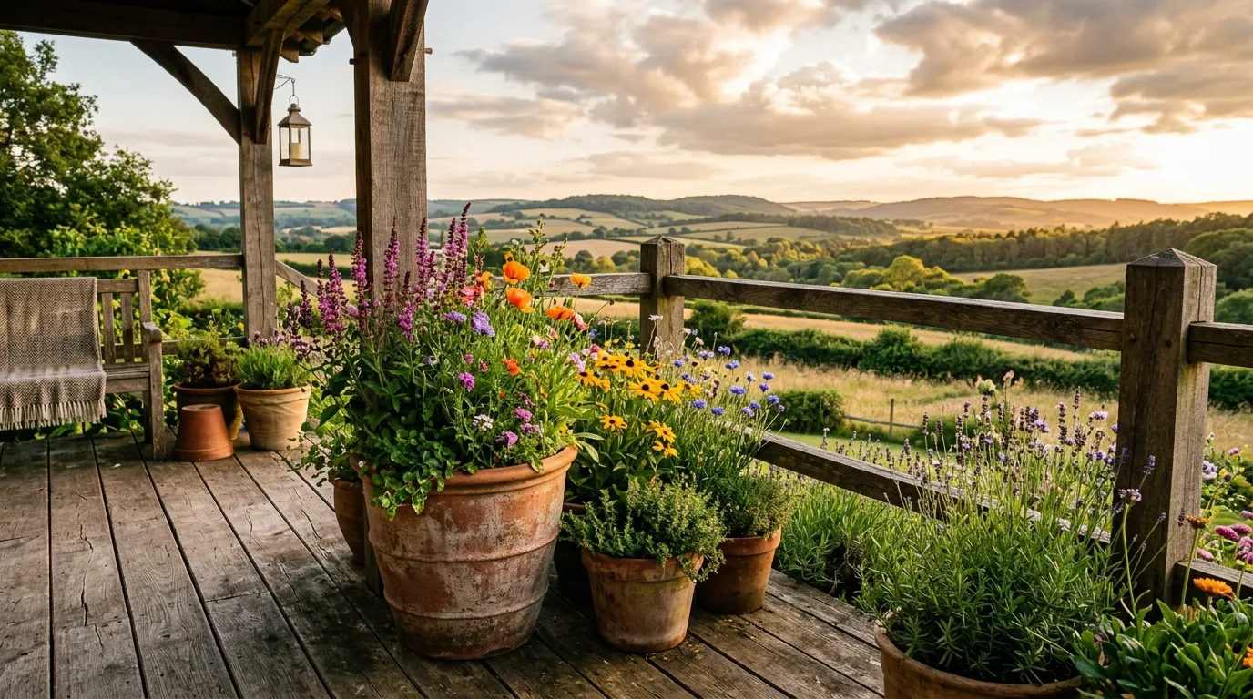 A terrace corner softened by one massive blooming flower pot, no people