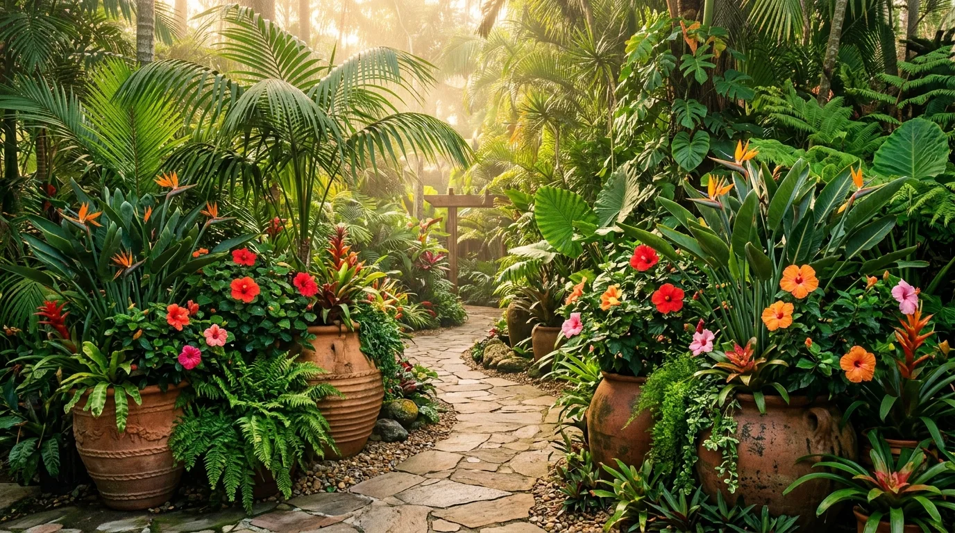 A large tropical big flower pot energizing a poolside edge, no people