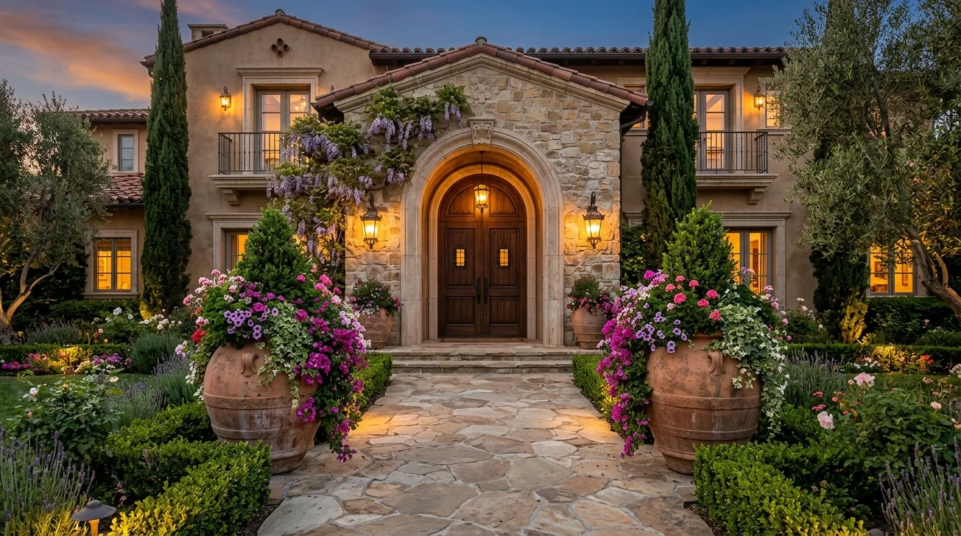 A symmetrical patio arrangement with giant statement flower pots, no people