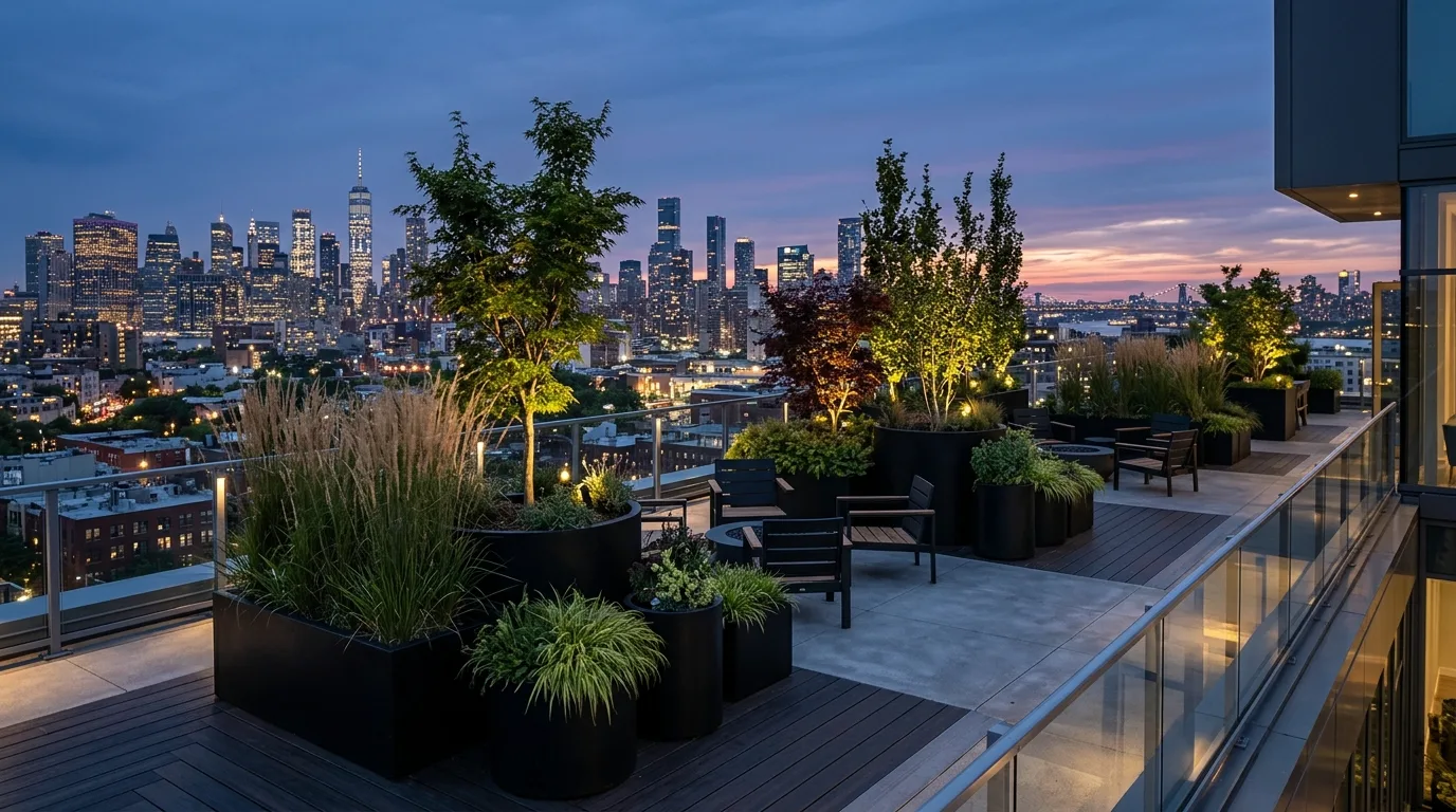 A matte black big flower pot with dramatic contrasting planting, no people
