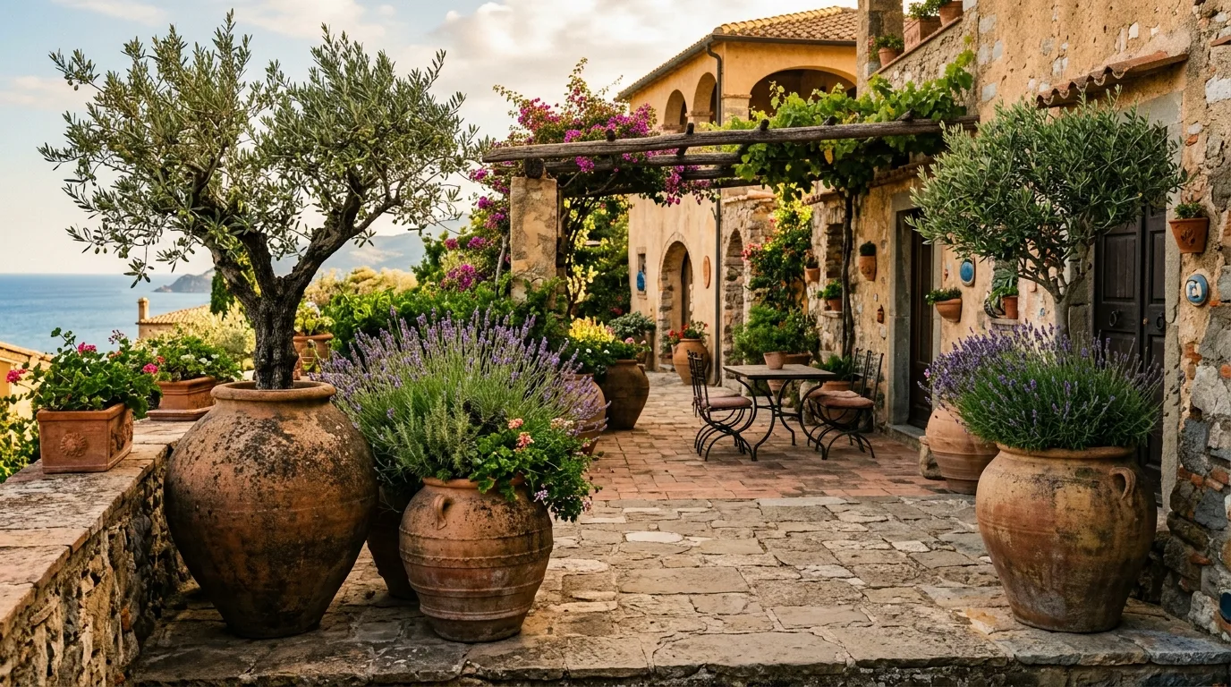 Broad galvanized big flower pots on a farmhouse porch, no people