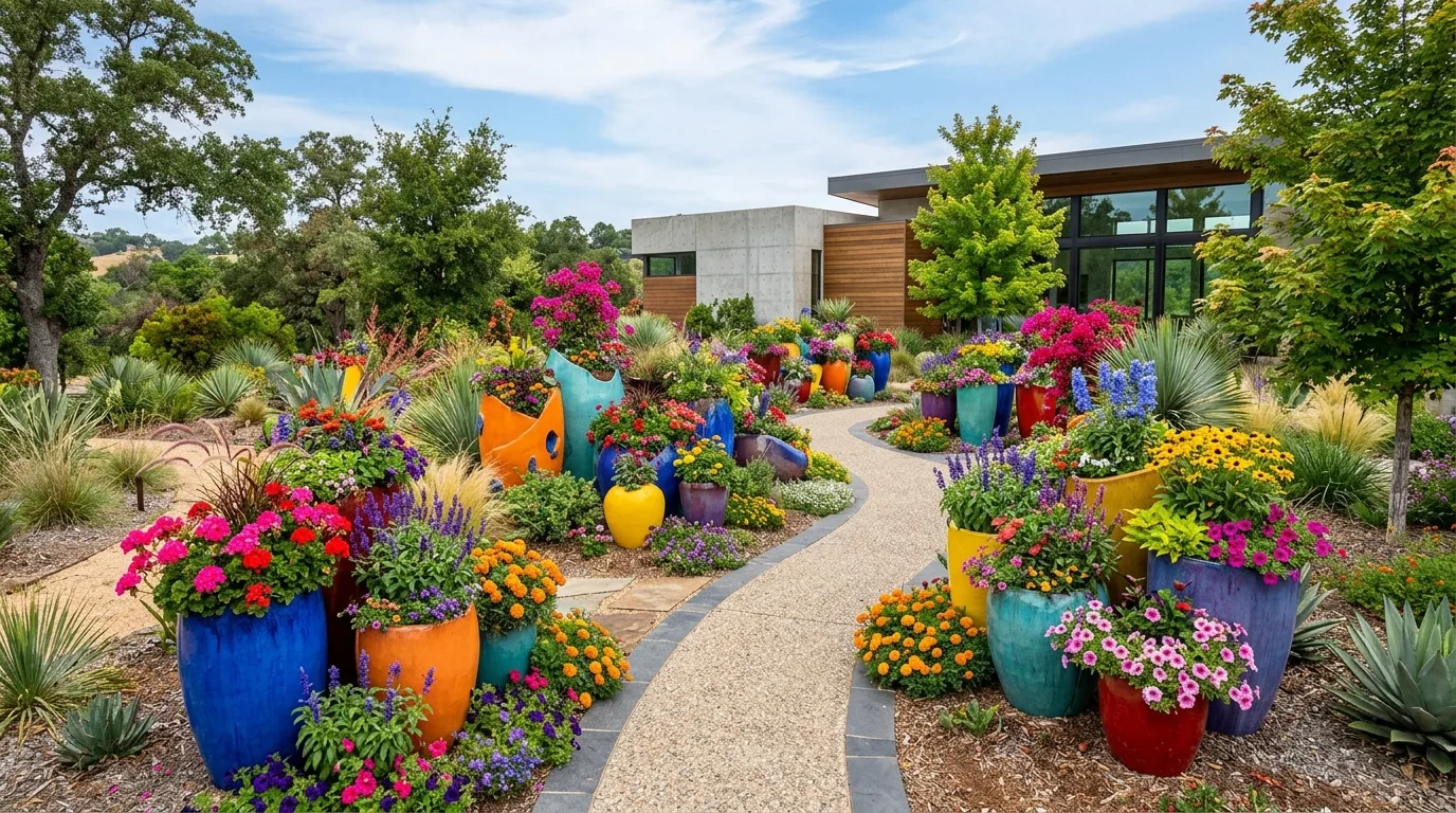 A sculptural clay big flower pot making a side yard intentional, no people