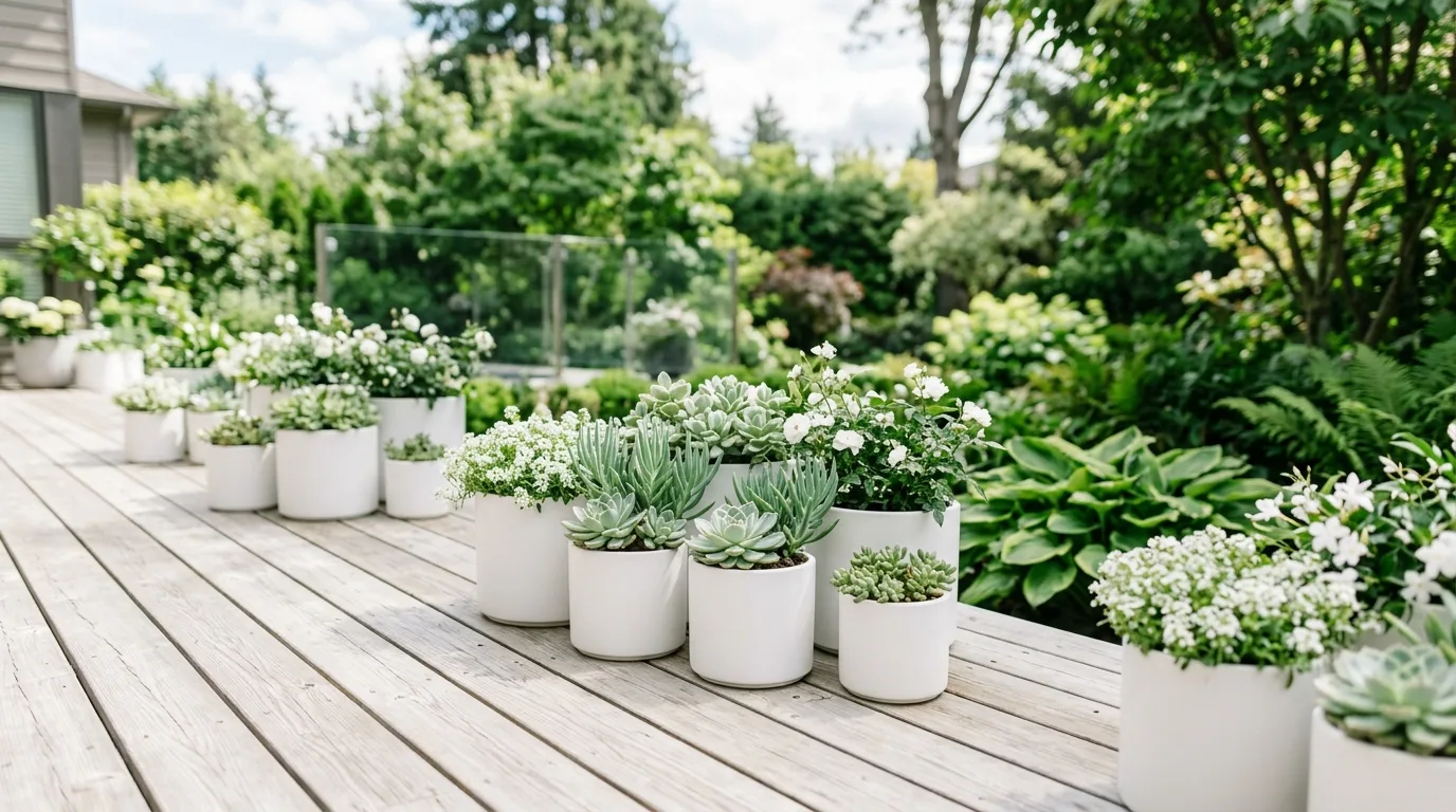Clean white flower pots with olive green foliage in a minimalist garden, no people