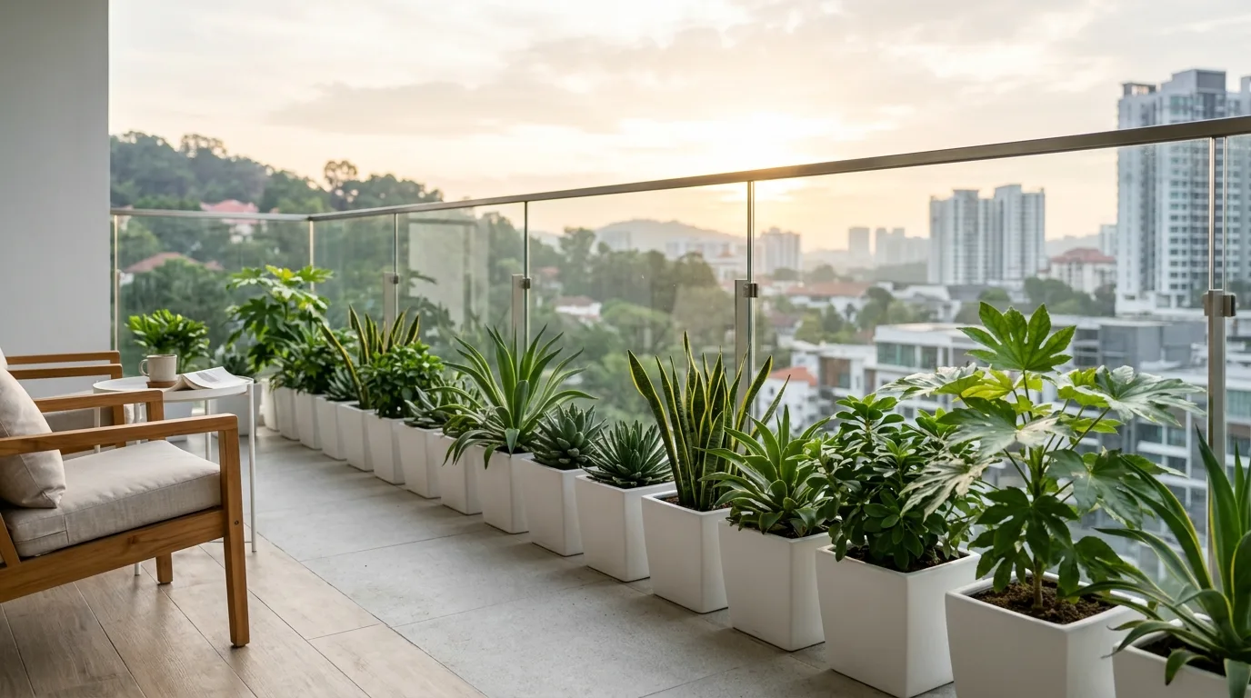 A monochrome balcony display with matching white flower pots, no people