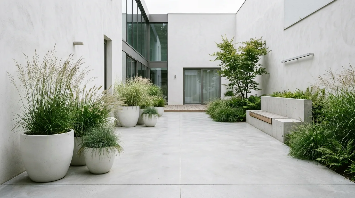 White urn flower pots softening a simple gravel courtyard, no people