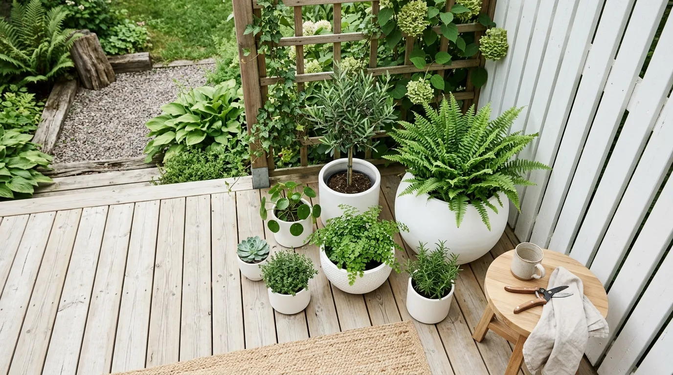 A refined patio herb collection in clean white flower pots, no people