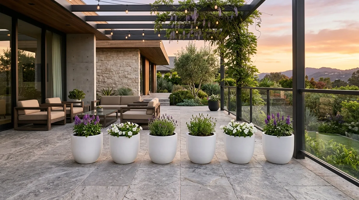 Large clean white flower pots framing a minimalist lounge, no people