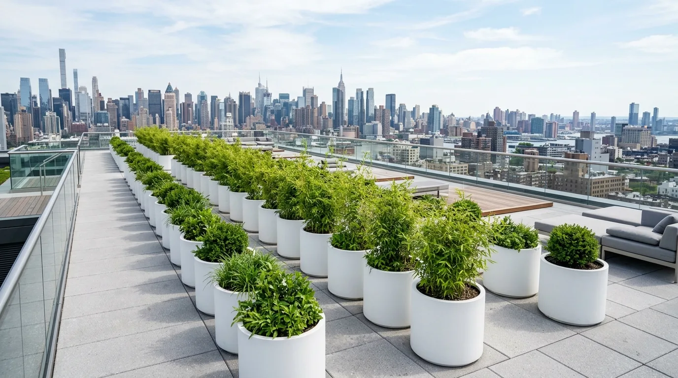Compact white flower pots lining a stair edge in a minimalist garden, no people
