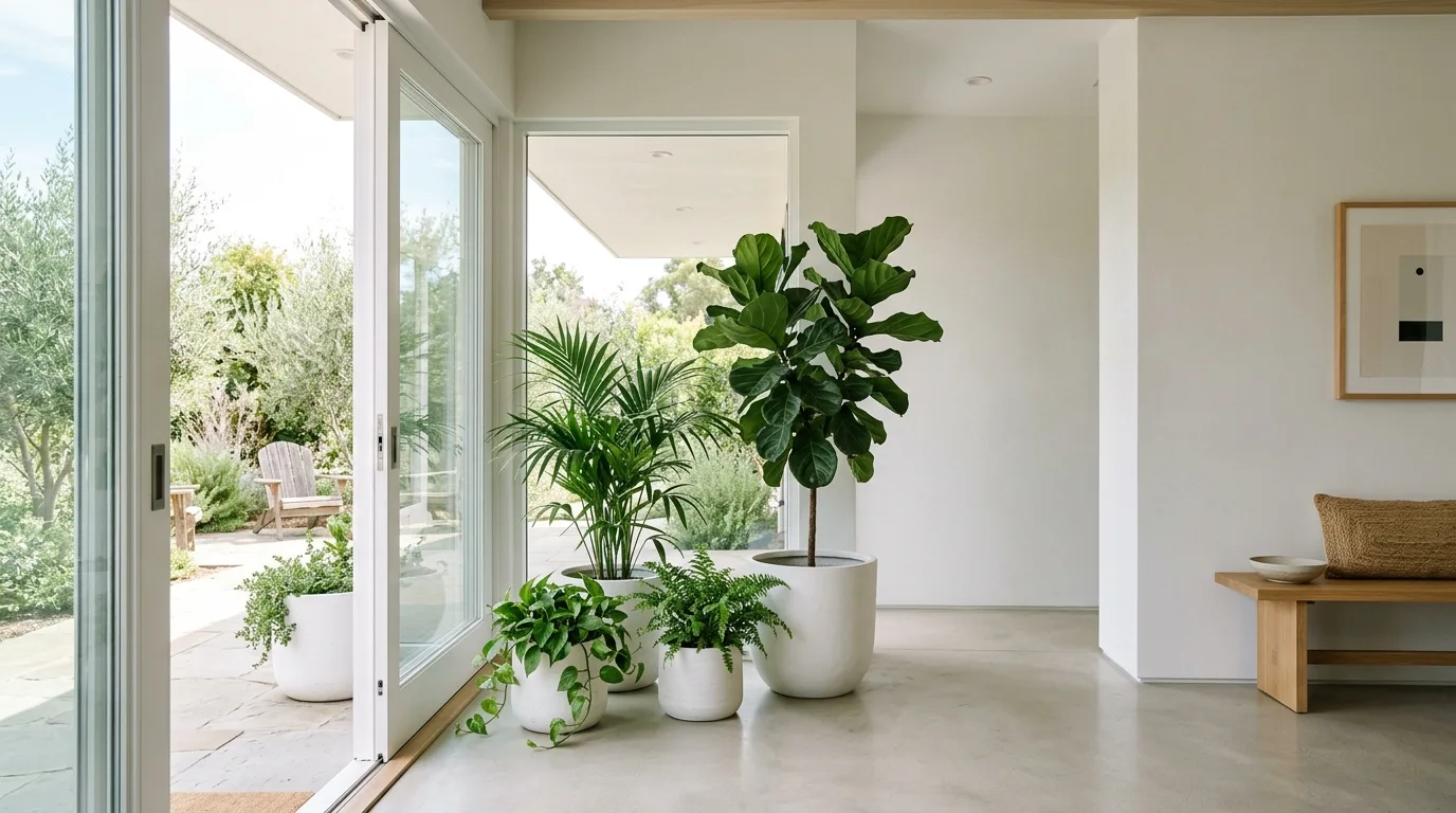 White flower pots with silver toned plants in a modern garden, no people