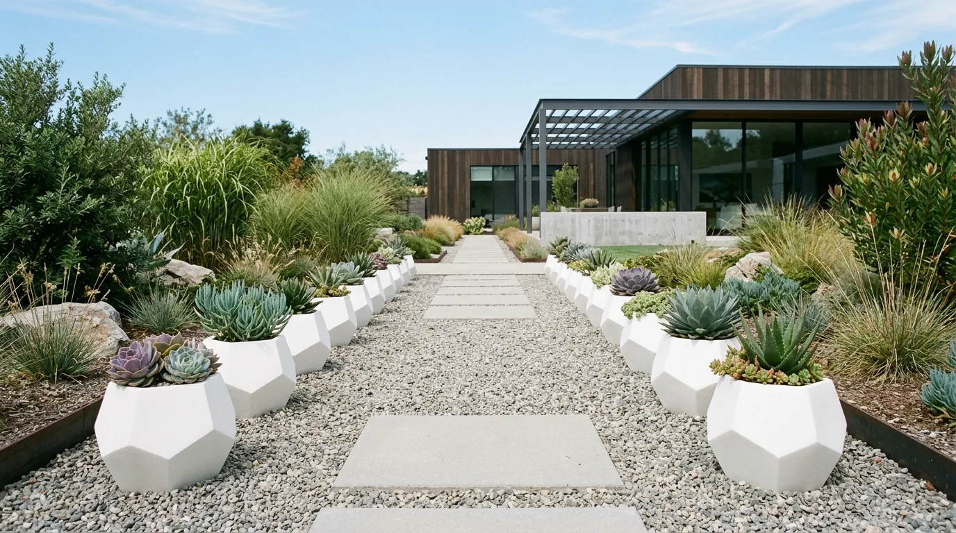 Glossy white flower pots brightening a shaded courtyard corner, no people