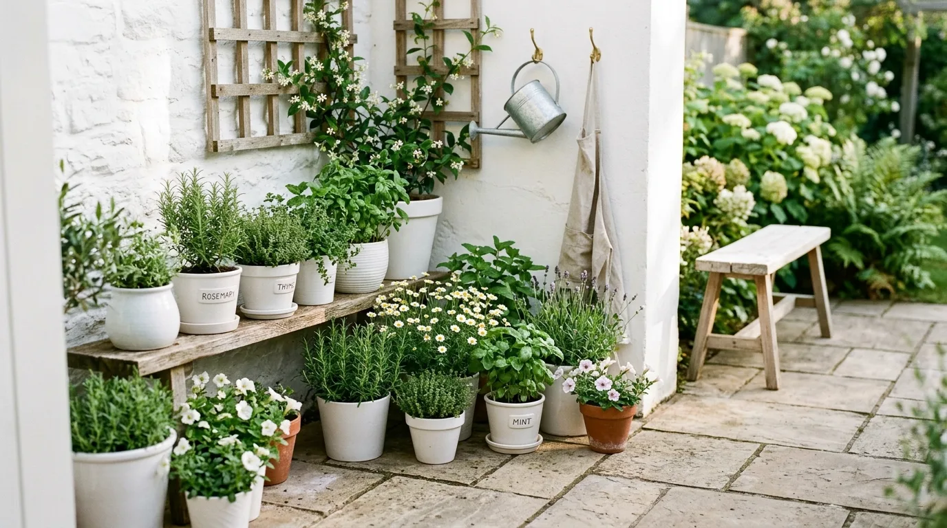 One statement clean white flower pot at a minimalist entry, no people