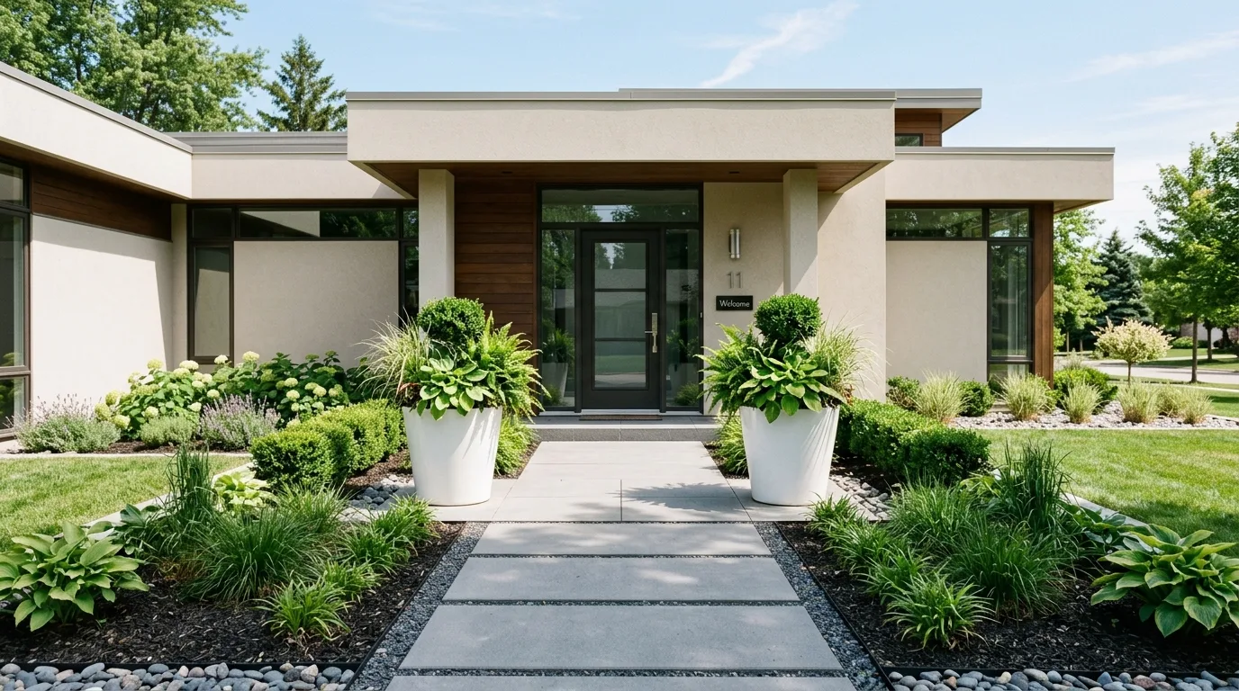White flower pots with crisp black accents in a minimalist garden, no people
