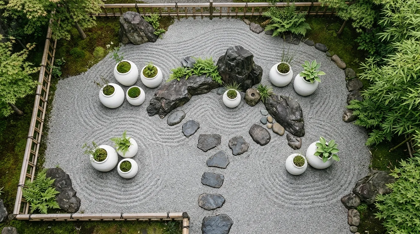 A rooftop garden organized with uniform clean white flower pots, no people