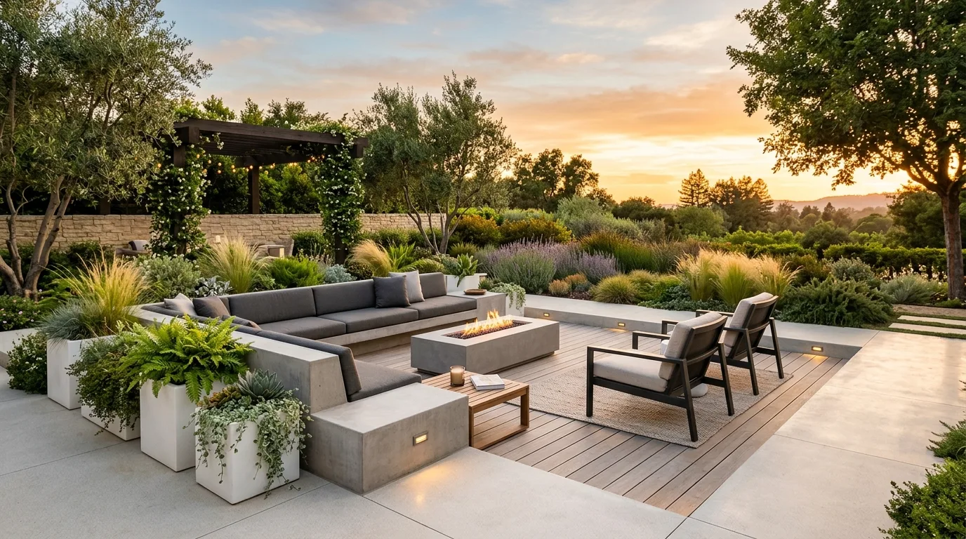 A bright airy porch planting scheme with white flower pots, no people