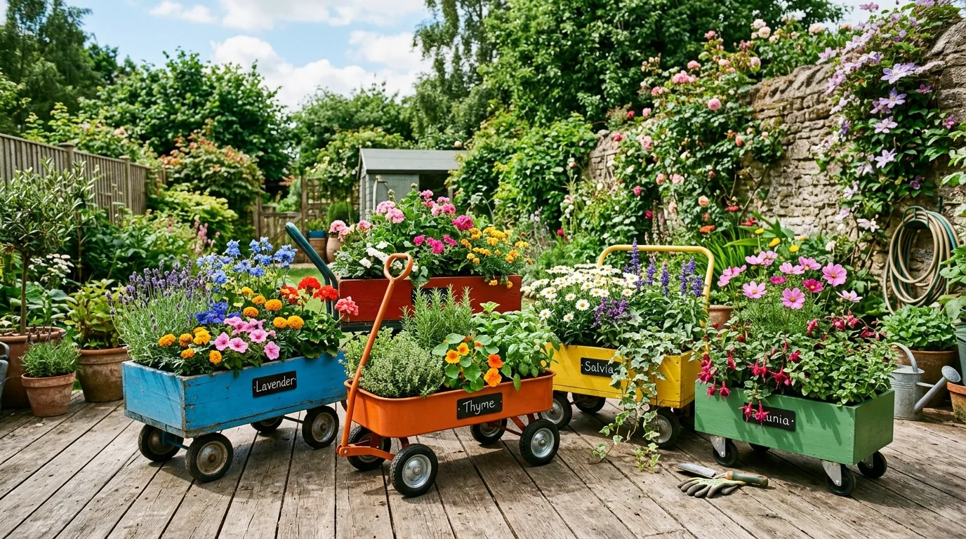 A layered patio corner made from movable flower pot gardens, no people