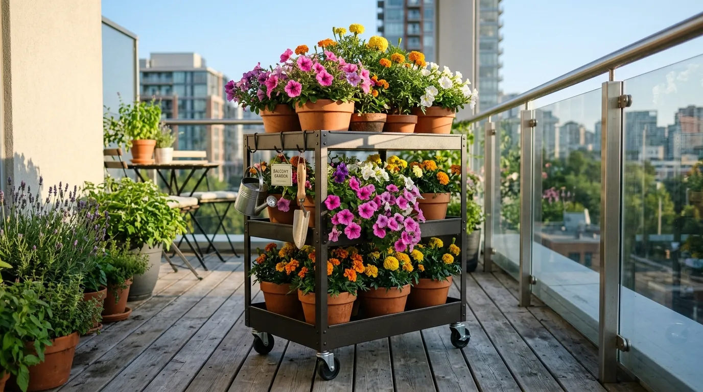 A sunny terrace edge with a creative flower pot garden of herbs and blooms, no people