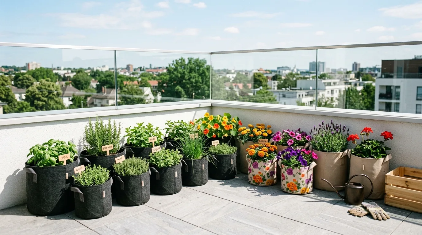 A small courtyard transformed by grouped clay flower pot gardens, no people