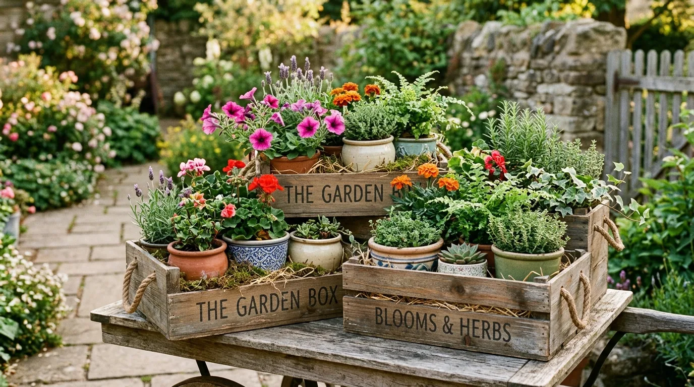 A vertical stair step arrangement of creative flower pot gardens, no people
