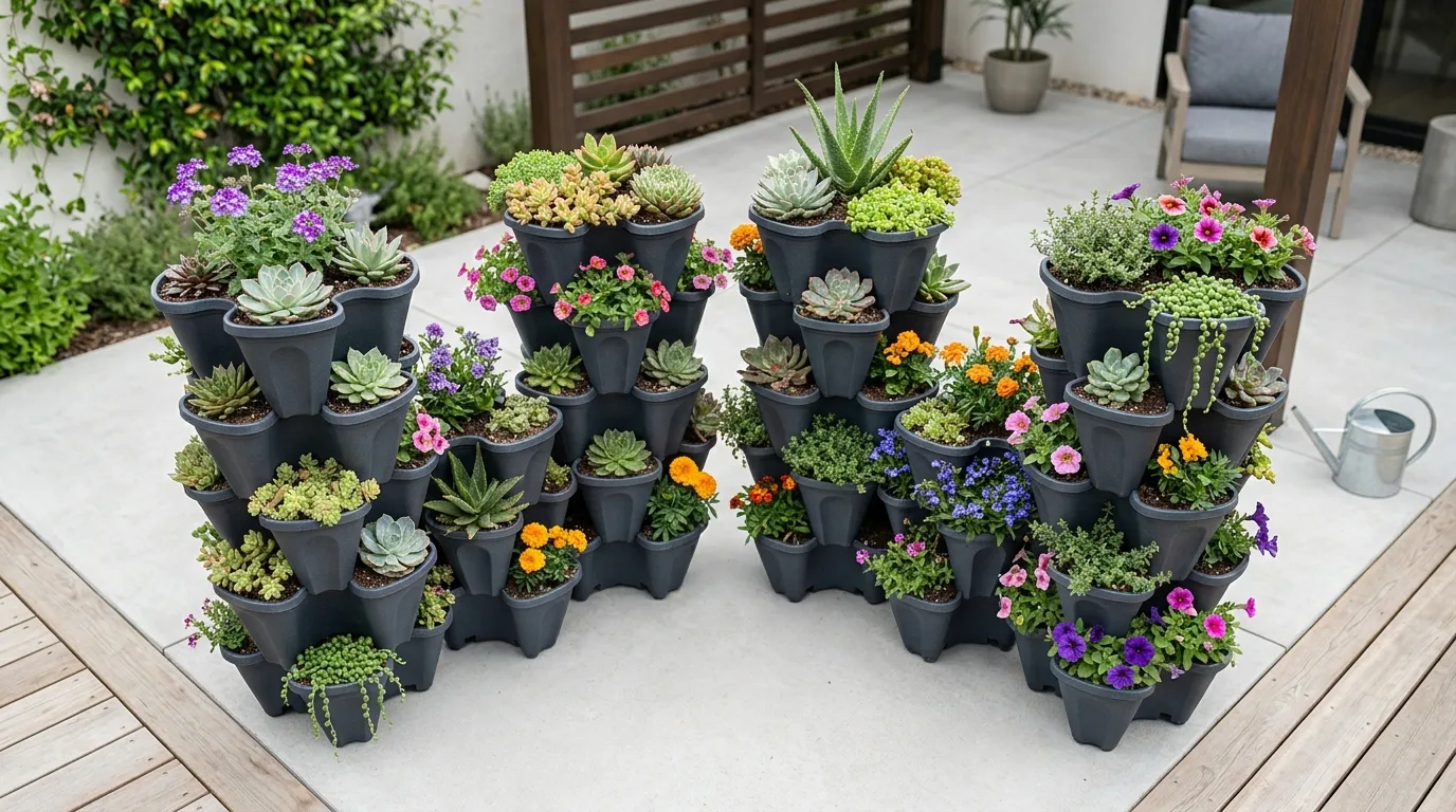 A seasonal front porch arrangement made from flower pot gardens, no people
