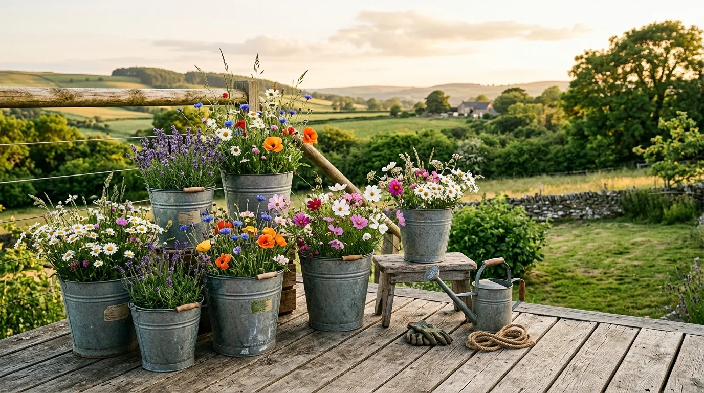 A compact balcony flower pot garden with repeating pot colors, no people