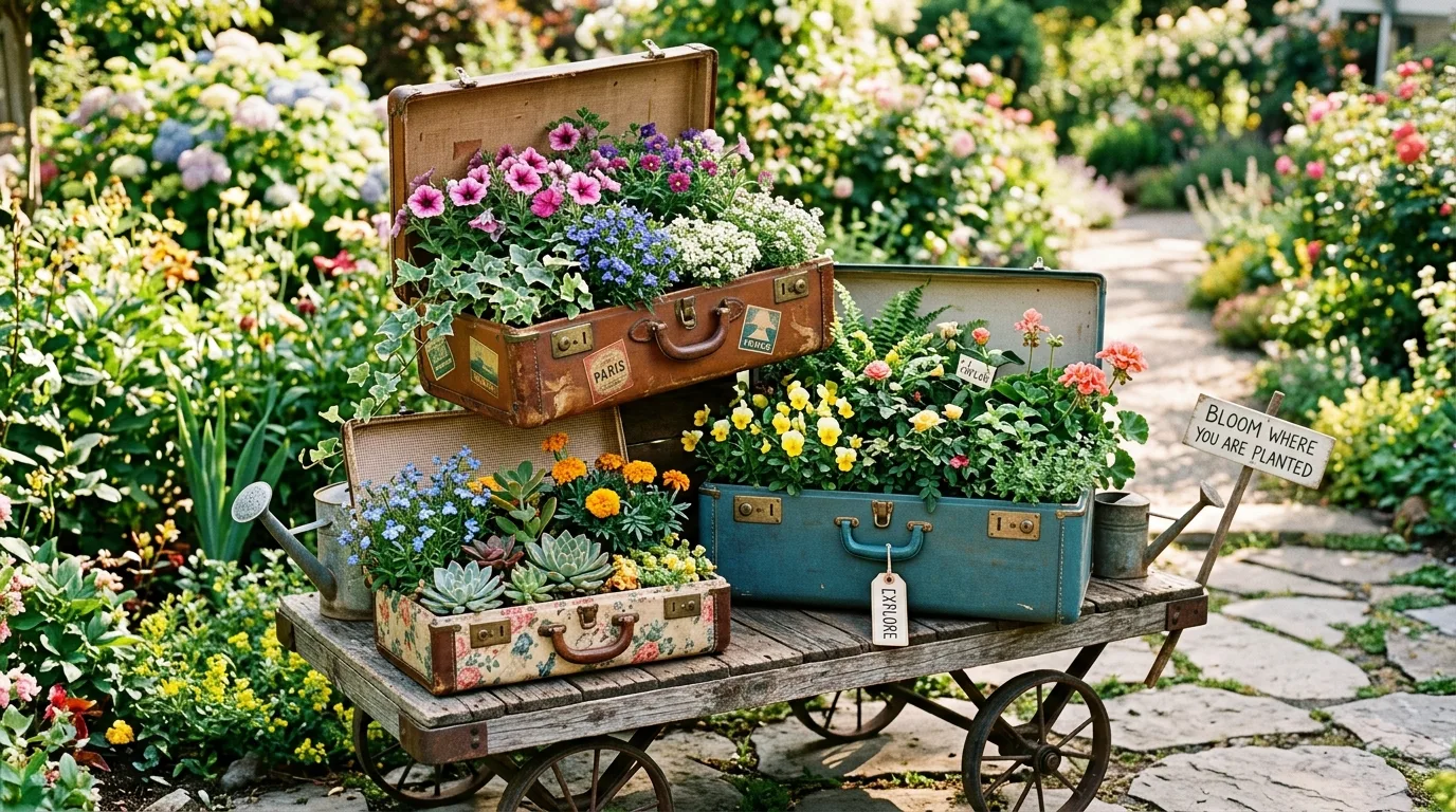 A narrow side yard arranged with movable flower pot gardens, no people
