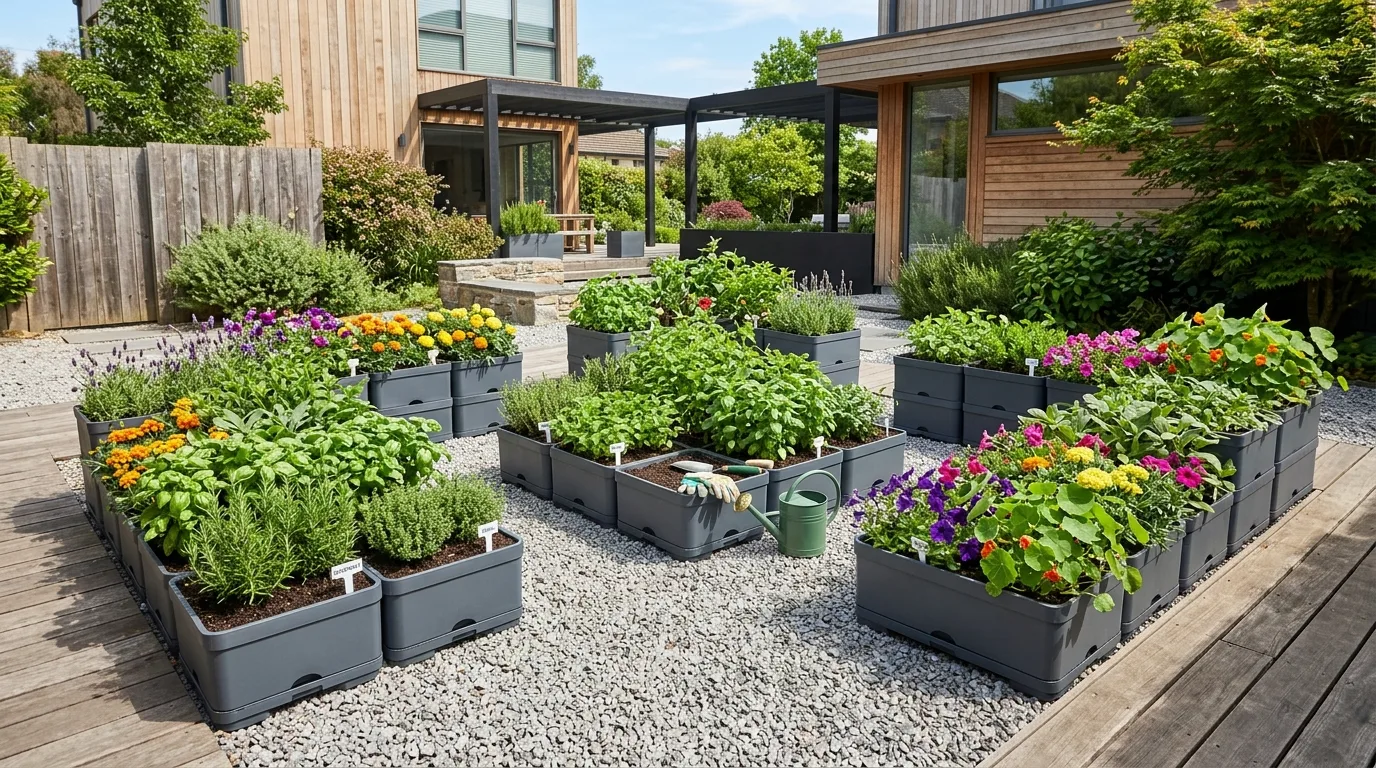 A pollinator friendly creative flower pot garden full of bloom, no people