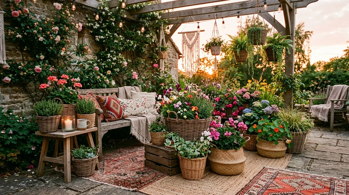 A patio dining zone softened by clustered flower pot gardens, no people