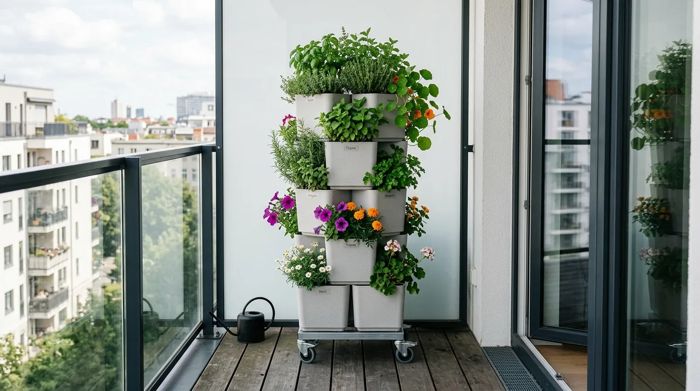 A minimalist yet lush creative flower pot garden with layered containers, no people