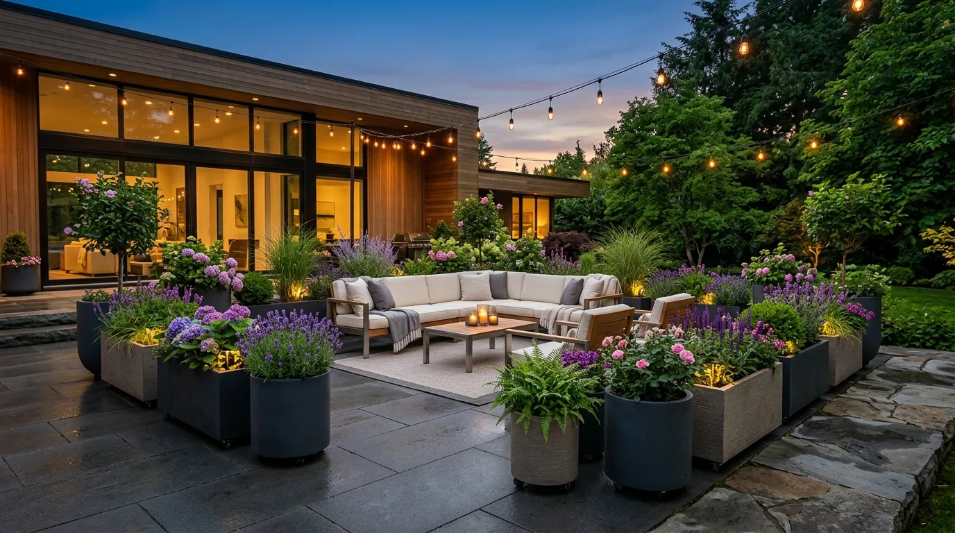 An entry path lined with creative flower pot gardens, no people