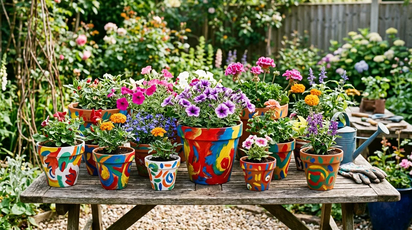 Colorful painted flower pots on a cheerful porch display, no people