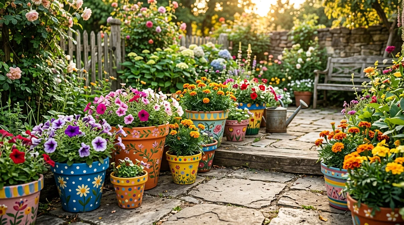 Pastel painted flower pots creating a playful balcony vignette, no people