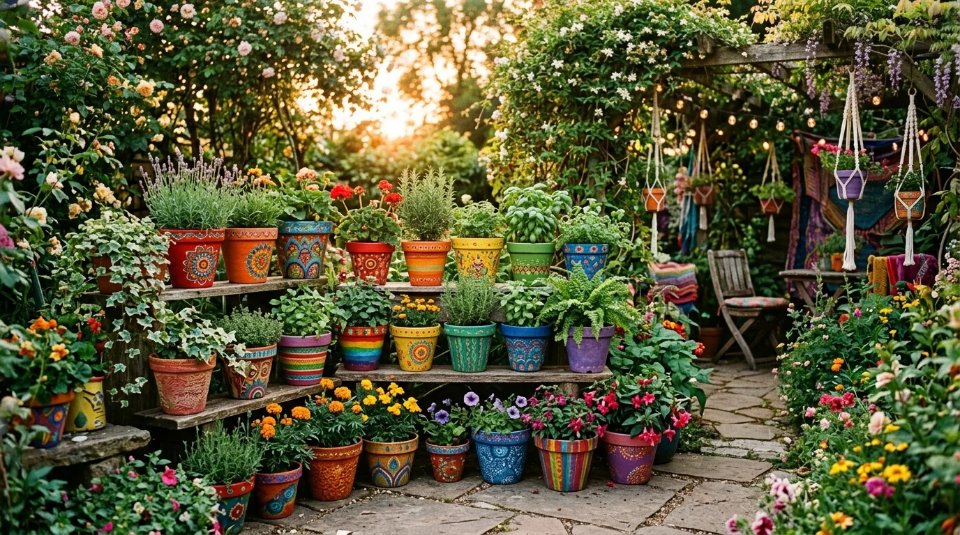 Bold striped painted flower pots on a modern garden shelf, no people