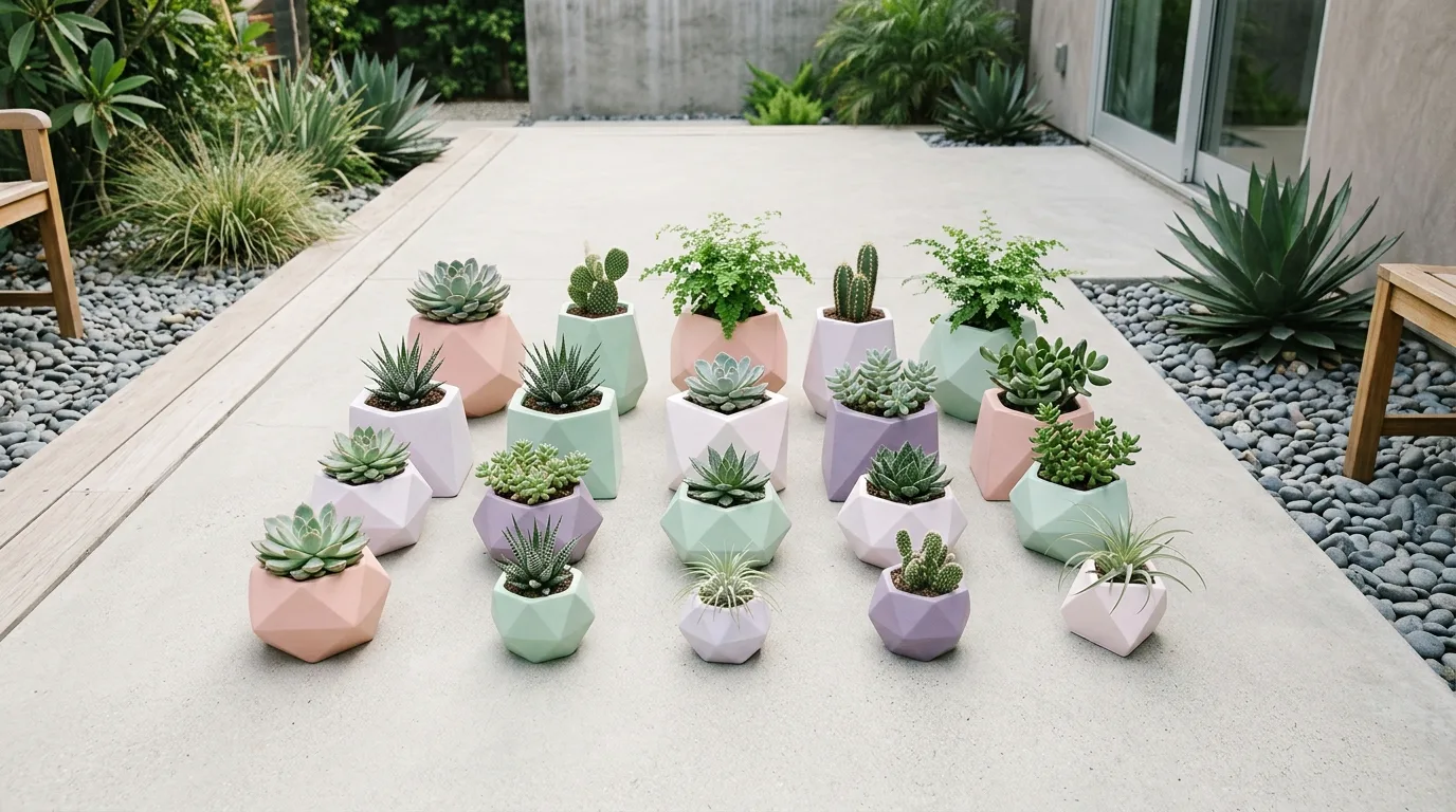 Whimsical painted flower pots brightening a children's garden corner, no people