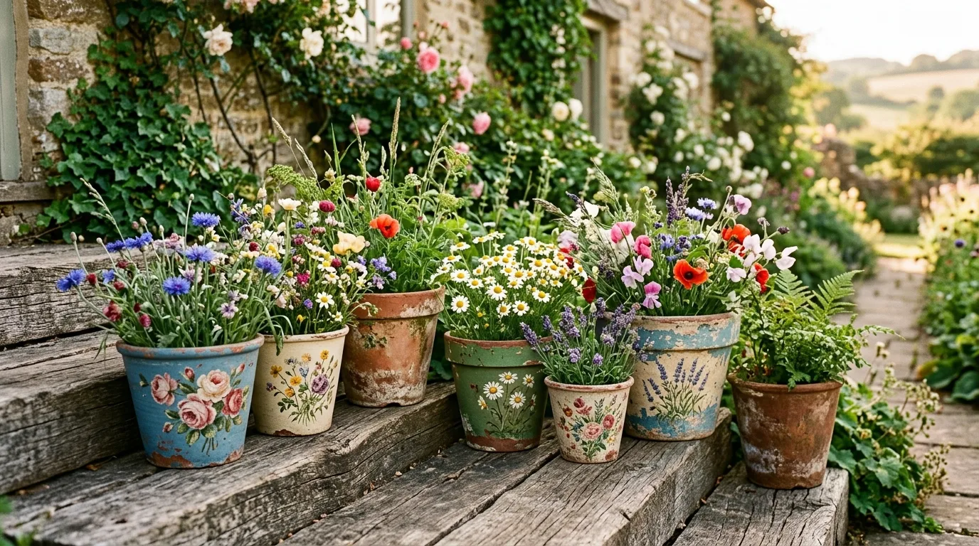 Earth tone painted flower pots in a relaxed patio arrangement, no people
