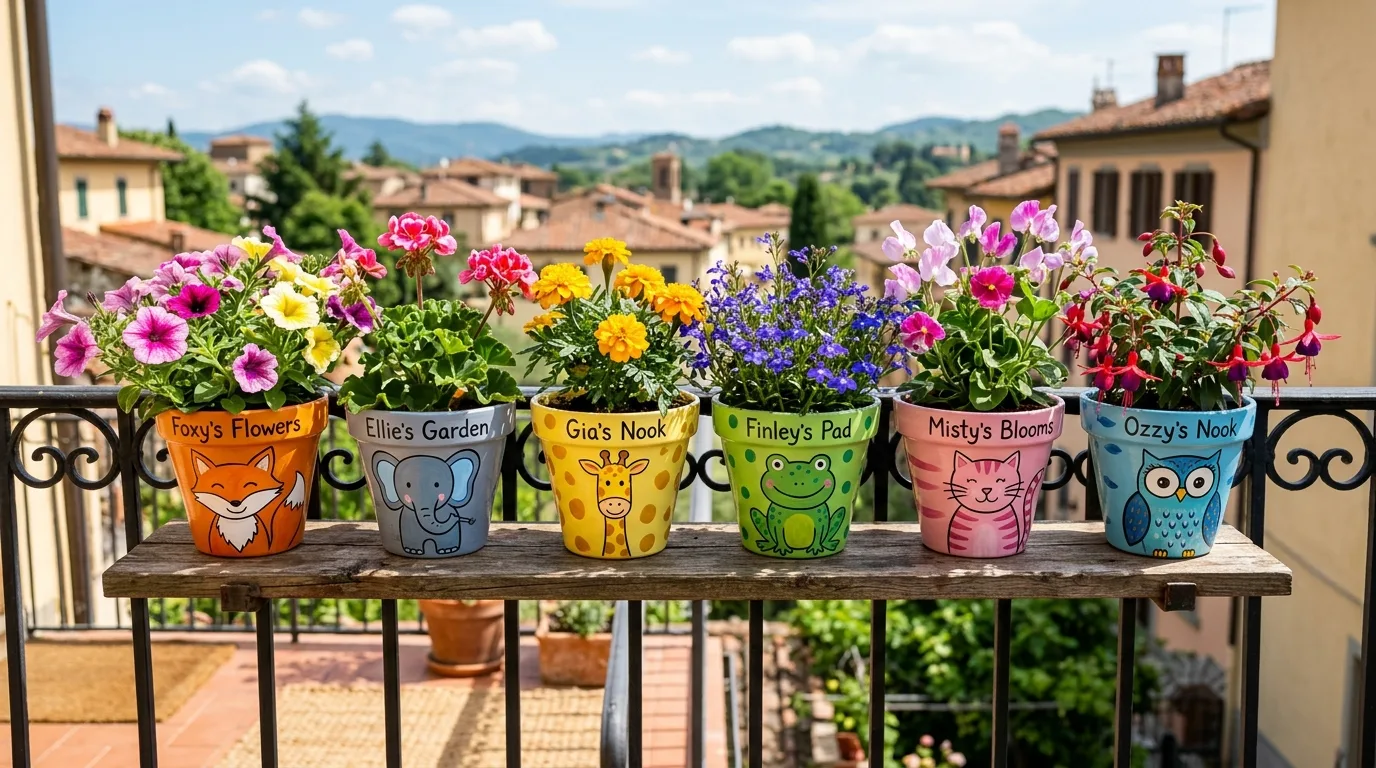 Colorful painted flower pots with floral motifs and blooming plants, no people