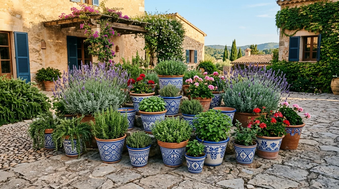 A rainbow collection of painted flower pots with herbs, no people